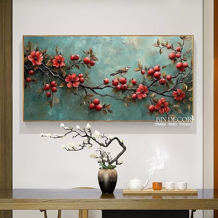 (HCM) Tranh treo tường tráng gương cành lựu may mắn 1 trang trí phòng khách,nhà hàng, khách sạn