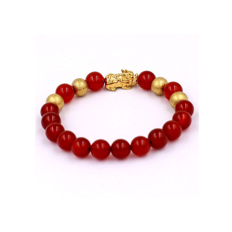 Vòng đeo tay Tỳ hưu inox vàng - Chuỗi mã não đỏ 8 ly VMNOTHVB8 - Vòng tay phong thủy