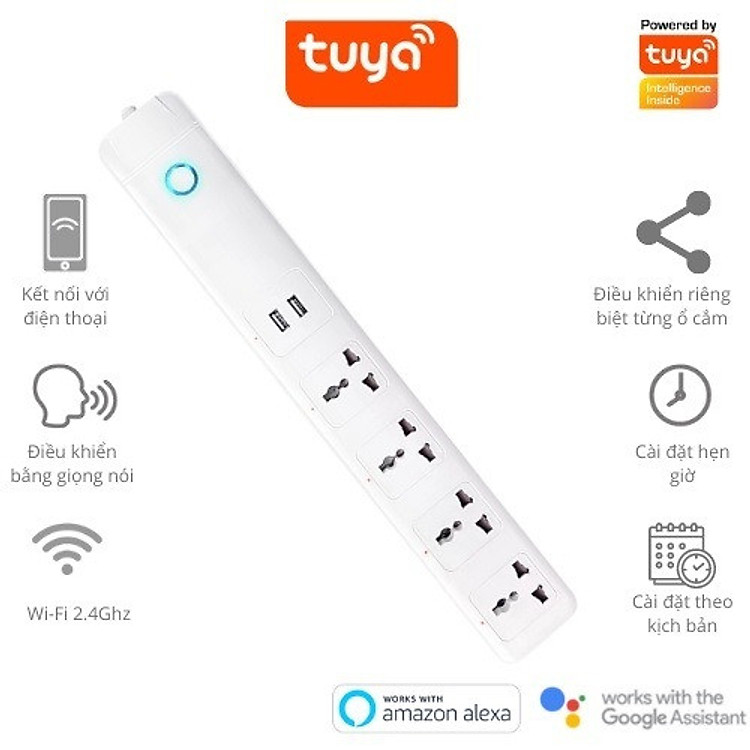 Ổ Cắm Dài Thông Minh Wifi TUYA 4 Chấu & 2 cổng USB, điều khiển độc lập app Tuya Smart Life, Hẹn giờ Bật Tắt