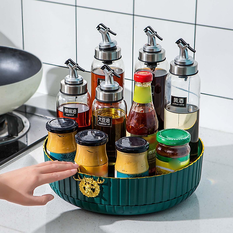 360° Rotating Spice Storage Rack Storage Tray Large Capacity for Pantry Green