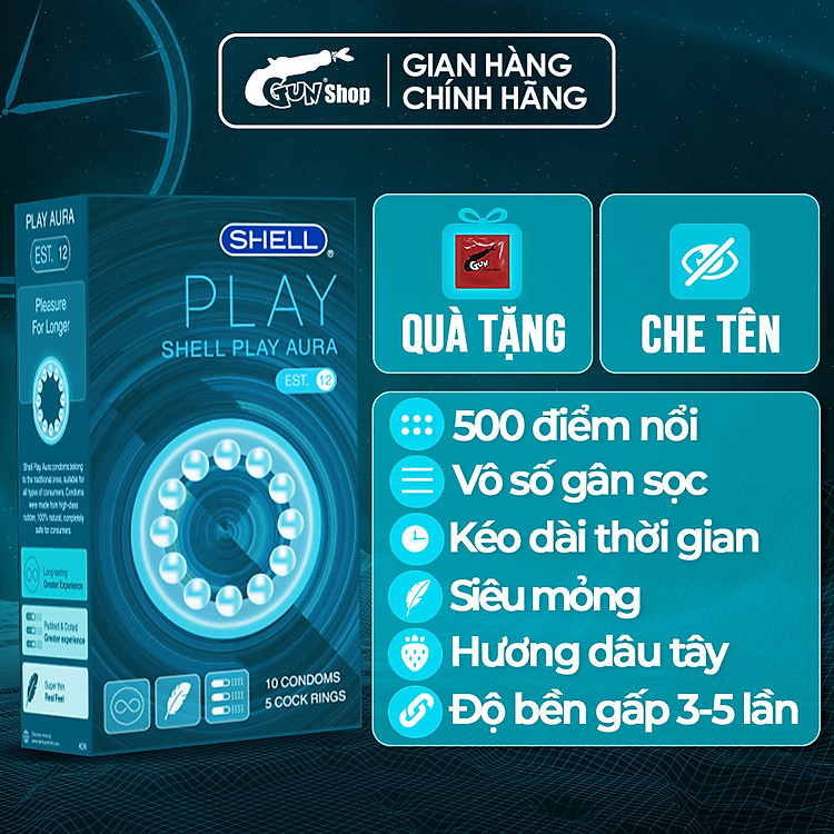 Bao cao su Shell Play Aura - Tổng hợp 6 tính năng - Hộp 10 cái + 1 Play Box Aura