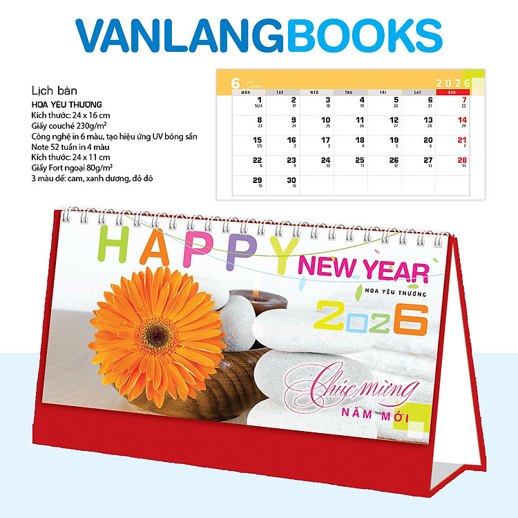 Lịch Bàn 2026 Vanlangbooks - Hoa Yêu Thương VLLB11A - Màu Đỏ