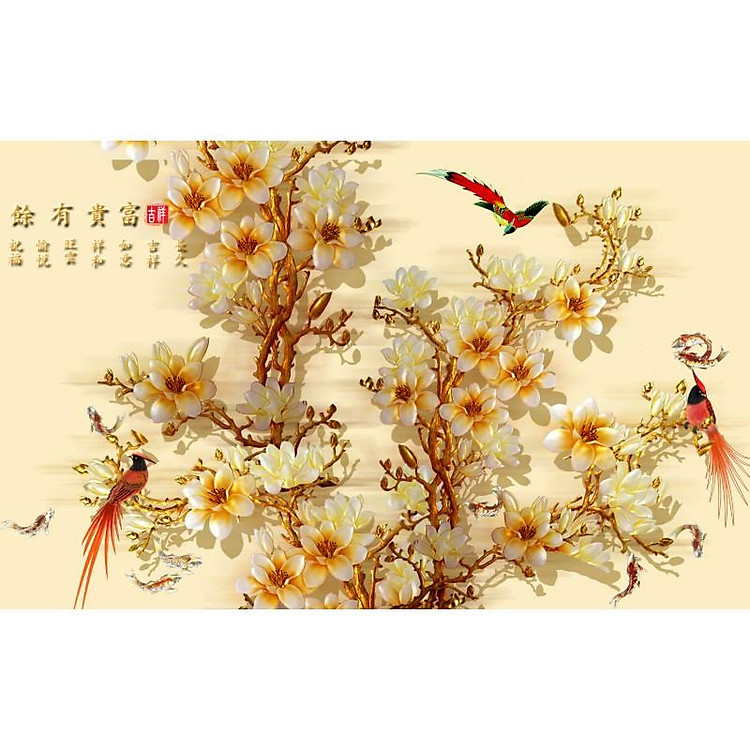 Tranh dán tường Hoa 3D - phủ kim sa