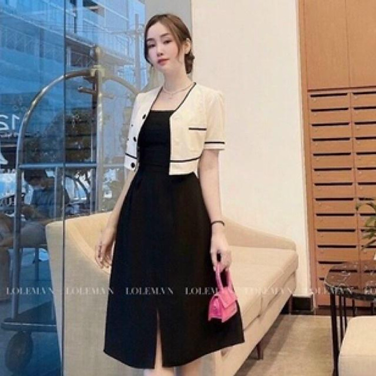 Set váy 2 dây áo cardigan viền mỏng nhẹ
