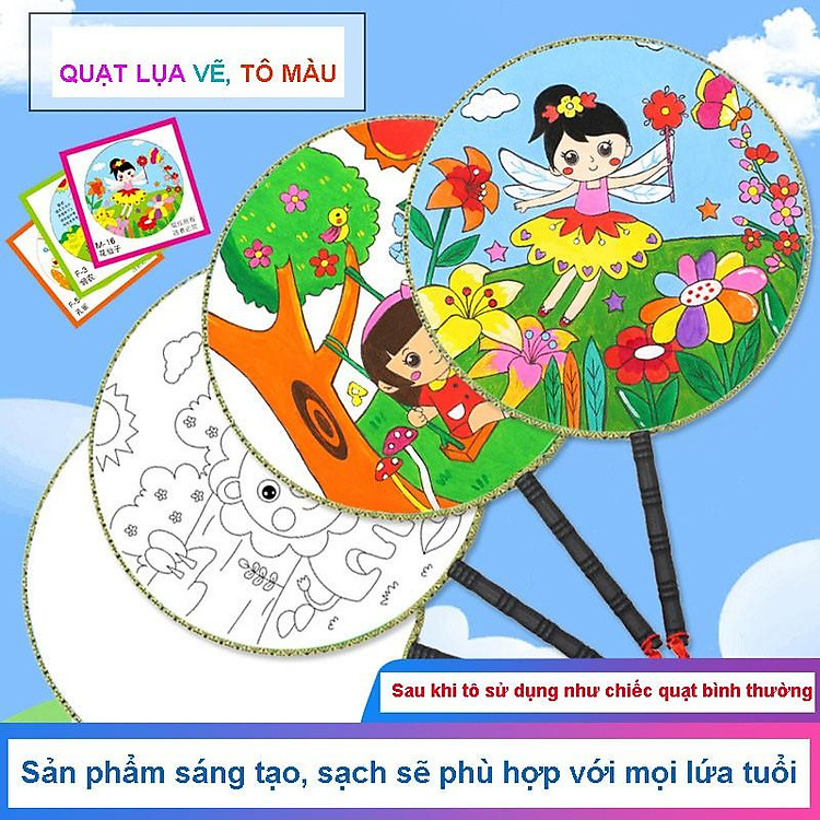 Quạt vải lụa, vẽ tô màu cho bé