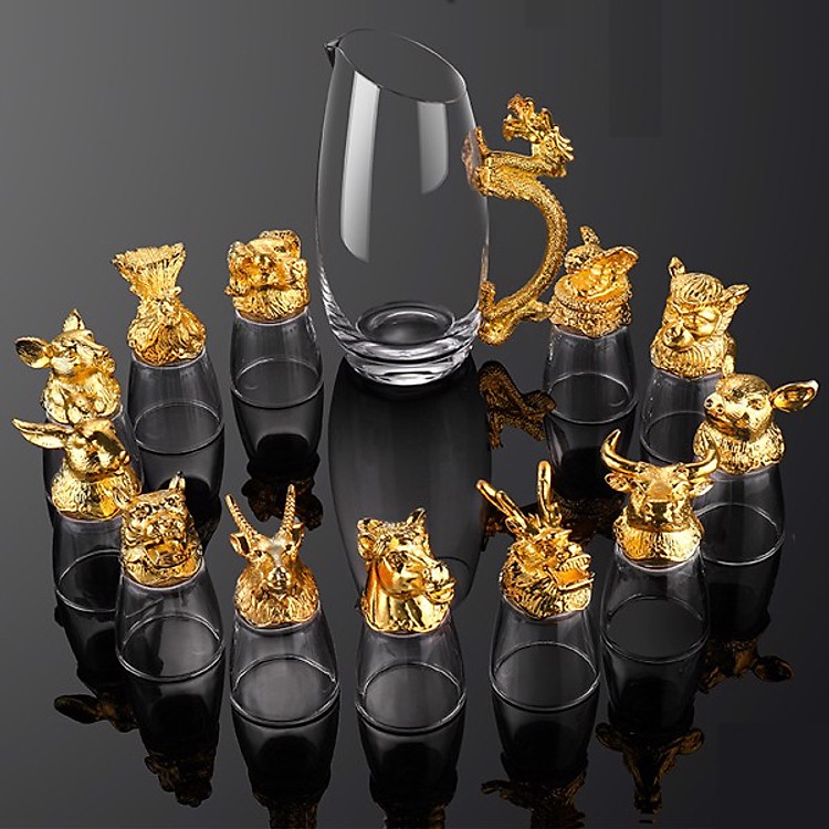 Bộ cốc chén rượu thủy tinh 12 con giáp có hộp đựng