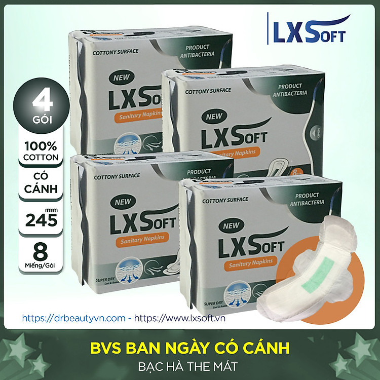 COMBO 4 Băng vệ sinh LXSoft ban ngày có cánh 245mm BẠC HÀ THE MÁT, Khử mùi hiệu quả