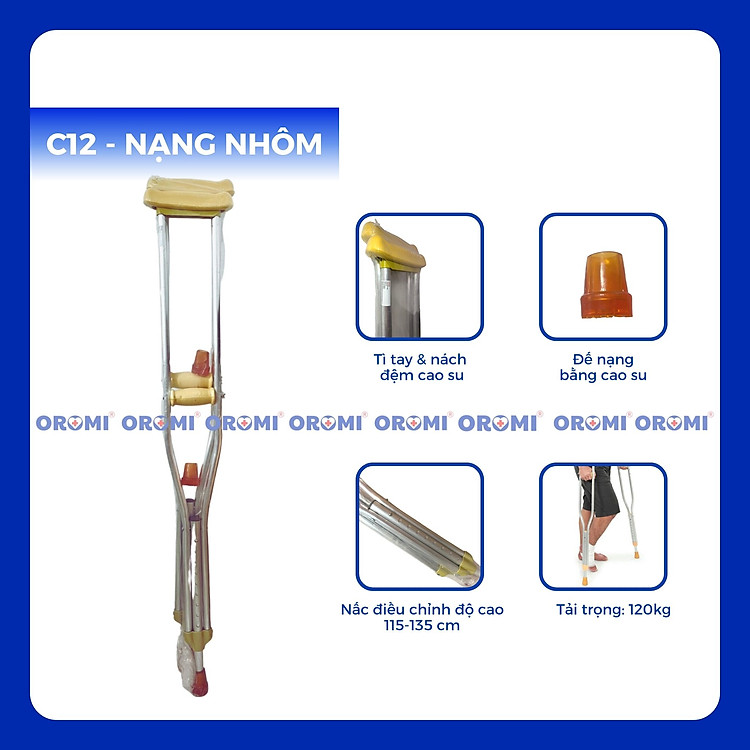 Nạng chống nách nhôm/inox có cao su mềm OROMI C11/C12 - Dụng cụ hỗ trợ người khuyết tật
