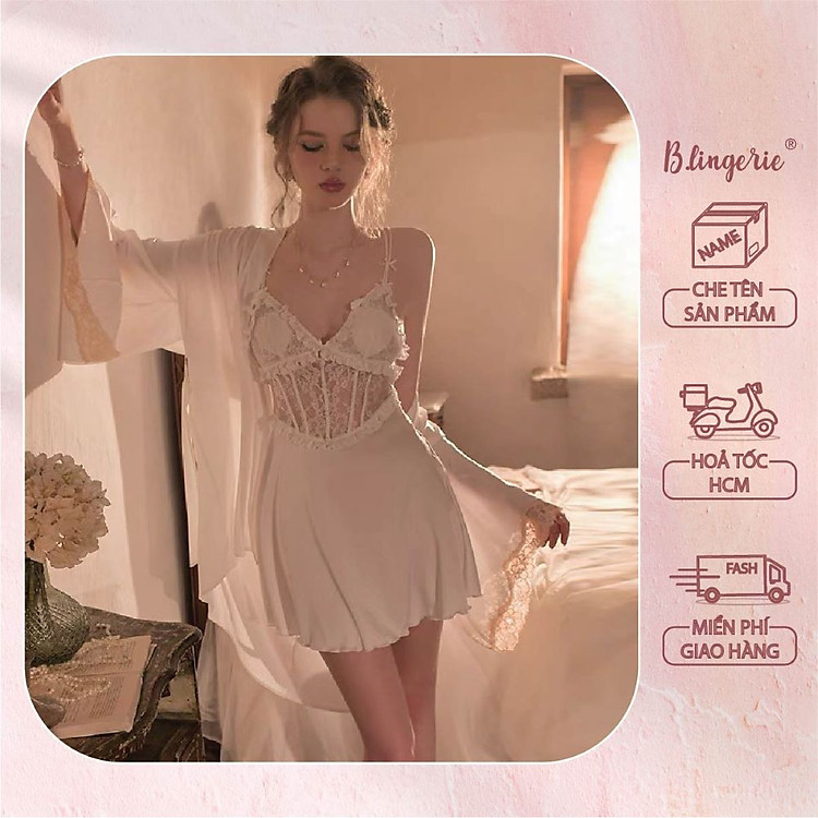 Đầm Ngủ Hai Dây Ngắn Phối Ren (Không kèm áo choàng) - B.Lingerie