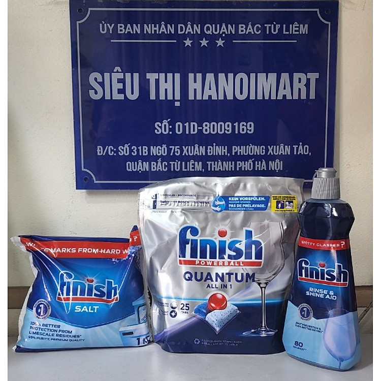 Combo Viên rửa bát Finish Quantum 25 viên + muối rửa bát Finish 1kg + Nước làm bóng finish 400ml