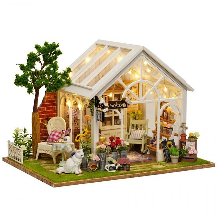 Mô hình nhà búp bê Cute Room - cửa hàng hoa với mèo trắng và ghế dựa trang nhã
