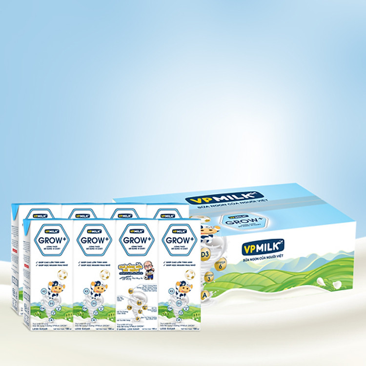 Sữa Tiệt Trùng Ít Đường VPMilk Grow+ Hộp 180ml (Thùng 48 Hộp)