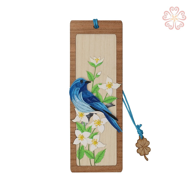Bookmark giấy xoắn nghệ thuật - chú chim xanh trên cành hoa cúc - size 13.5 x 5.3 cm