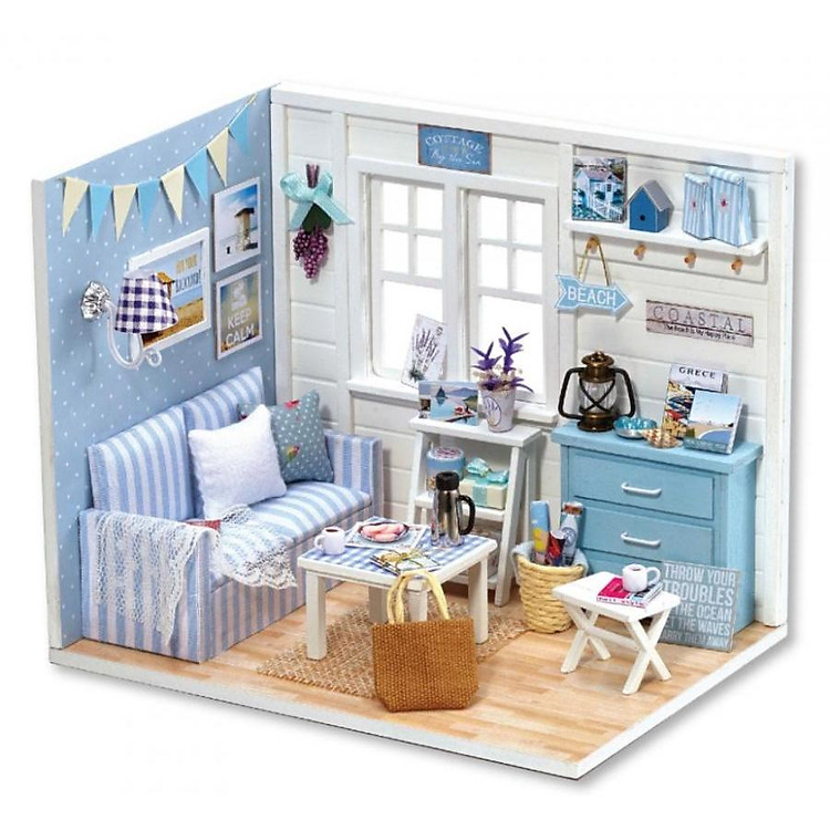 Mô hình phòng khách nhà búp bê DIY với đệm kẻ xanh sọc trắng - Sunshine Day