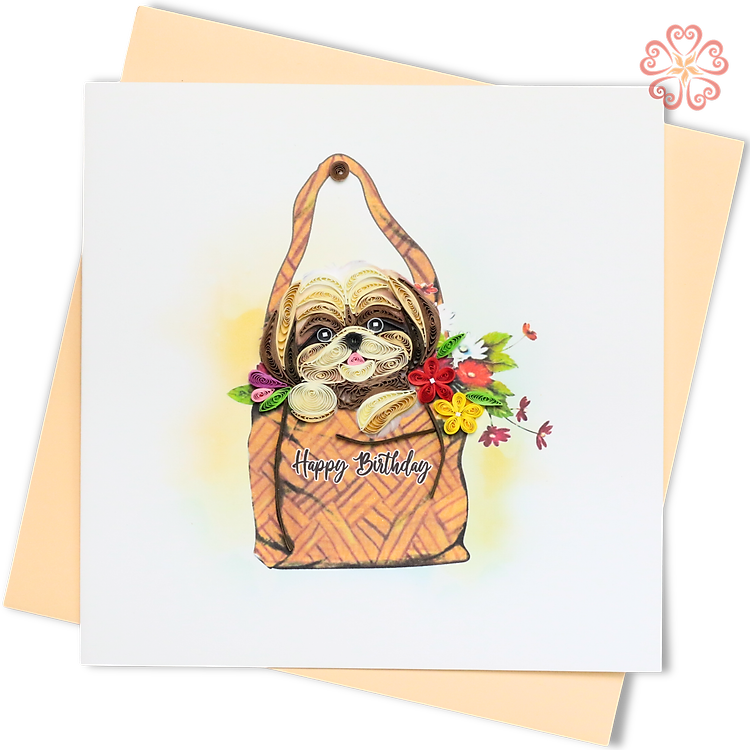 Thiệp Giấy Xoắn Nghệ Thuật - Chủ đề sinh nhật: Chú chó trong giỏ hoa - Dog in Flower Basket Birthday - Happy Birthday - 15 x 15 - VN2XM115D71E1