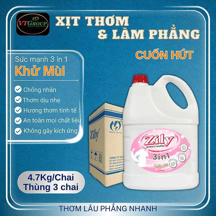 Xịt Thơm & Làm Phẳng Quần Áo Zily 4.7 Kg (3 Chai/Thùng) - Tặng 1 chai Nước giặt KH Zily 3.8Kg