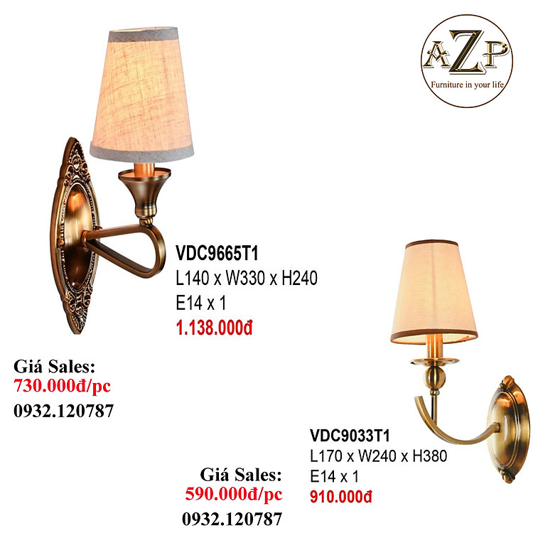 AZP - ĐÈN ỐP VÁCH / ĐÈN TRANG TRÍ / ĐÈN TREO TƯỜNG PHÒNG KHÁCH, PHÒNG NGỦ, NHÀ HÀNG, KHÁCH SẠN AZP-VDC9965-T1 / VDC9033-T1 phong cách đương đại, hàng nhập khẩu AZP
