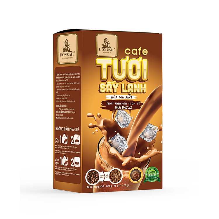 LION CAFE - Cà phê hòa tan 3in1 - Cà phê TƯƠI Sấy Lạnh - Đậm Đặc X2 - Hộp 180g (10 gói x 18g)