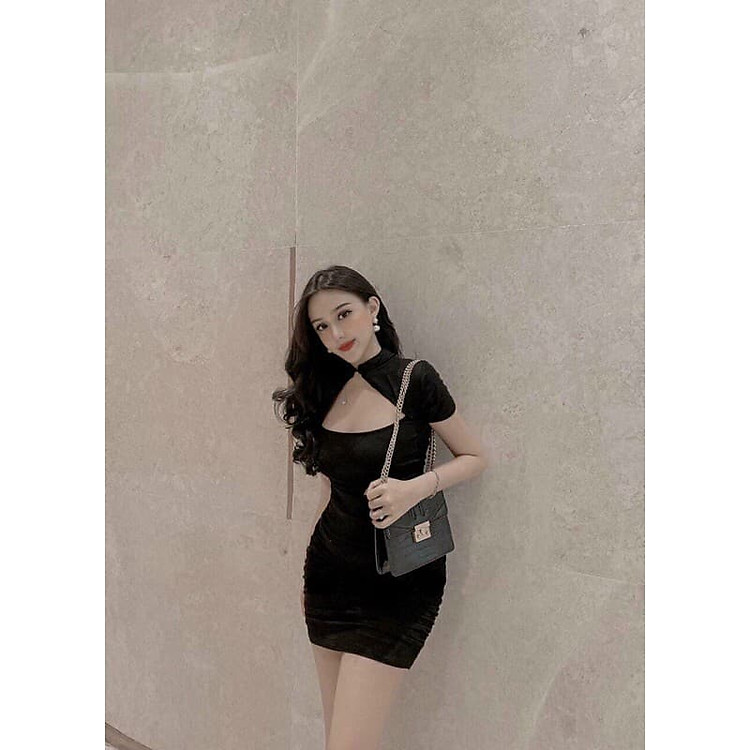Đầm body đen cổ sườn xám