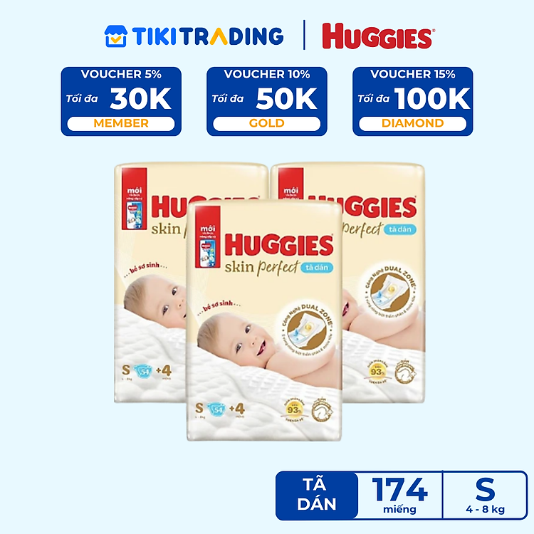Combo 3 gói Tã/bỉm dán sơ sinh Huggies Skin Perfect S 54+4 miếng với 2 vùng thấm giảm kích ứng da