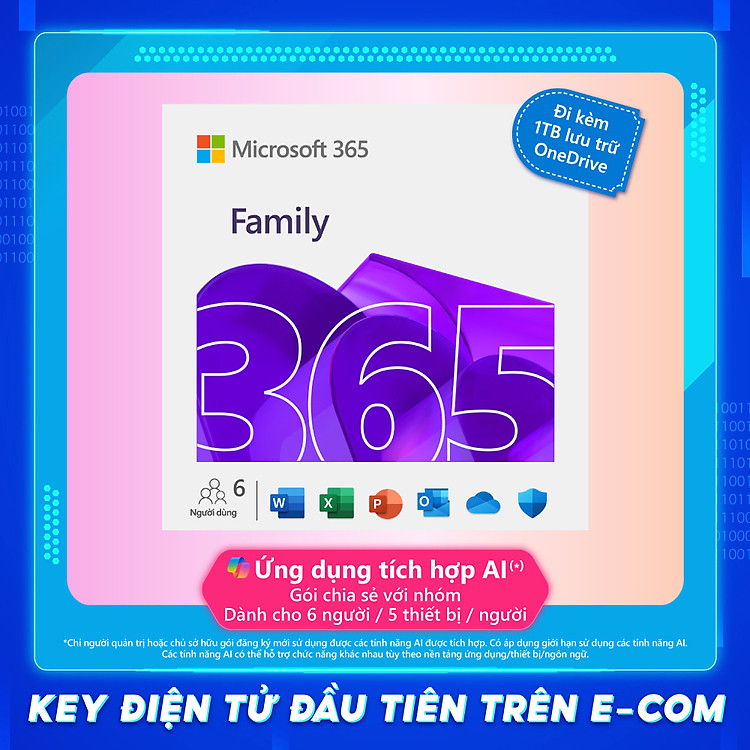 KEY ĐIỆN TỬ Phần mềm Microsoft Office 365 Family (6GQ-00083) | 12 tháng | Dành cho tối đa 6 người | 5 thiết bị/tài khoản| Word, Excel, PowerPoint | 1TB OneDrive
