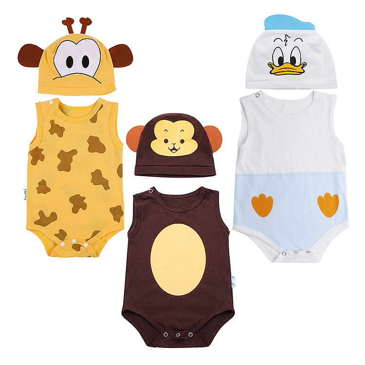 Combo 3 Bộ Bodysuit Chip Nón Hình Hươu, Khỉ, Vịt - Mihababy - BDS_KHI_HUOU_VIT