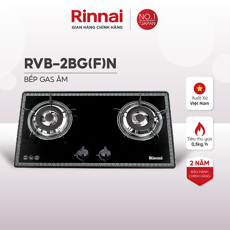 Bếp gas âm Rinnai RVB-2BG(F)N mặt bếp kính và kiềng bếp men - Hàng chính hãng.