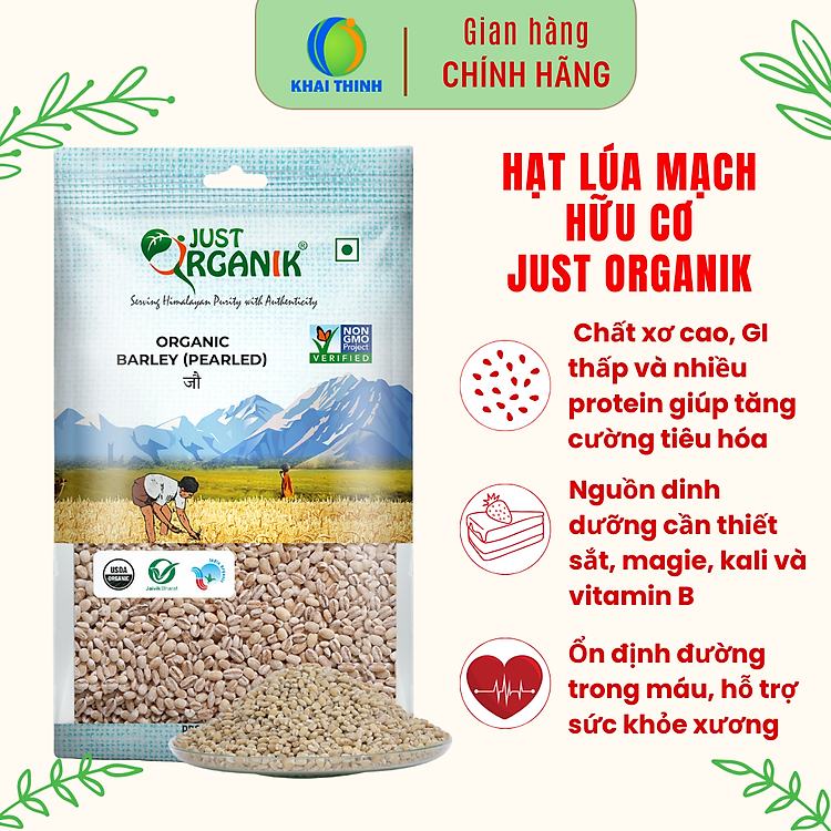 Hạt Gạo Lúa Mạch Ý Dĩ Barley (Pearled) Hữu Cơ Just Organik Nhập Khẩu Ấn Độ Tốt Cho Mẹ Bầu Ăn Dặm Cho Bé 500gr