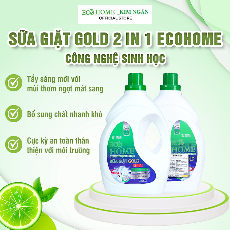 Sữa giặt gold công nghệ sinh học ECOHOME Kim Ngân Store mùi thơm ngọt mát, 2 trong 1 vừa giặt vừa xả 3.5kg