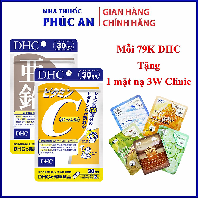 Combo viên uống DHC Kẽm (ZinC) và DHC Vitamin C 30 ngày hỗ trợ tăng sức đề kháng ngừa mụn mờ thâm