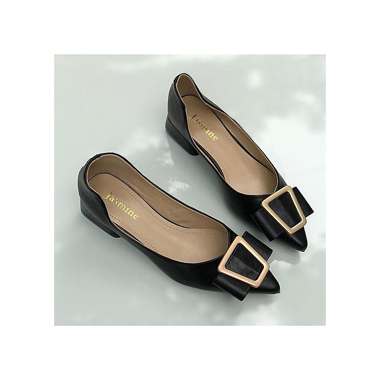 Giày búp bê nữ mũi nhọn đính nơ, khoét eo, gót vuông 3cm