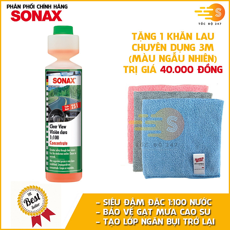 Nước rửa kính lái đậm đặc tỉ lệ 1:100 Sonax 371141 250ml - tặng 1 khăn 3M màu ngẫu nhiên - Làm sạch vết bẩn, ngăn chặn côn trùng, đổ vào két nước trước, pha để tẩy mốc kính