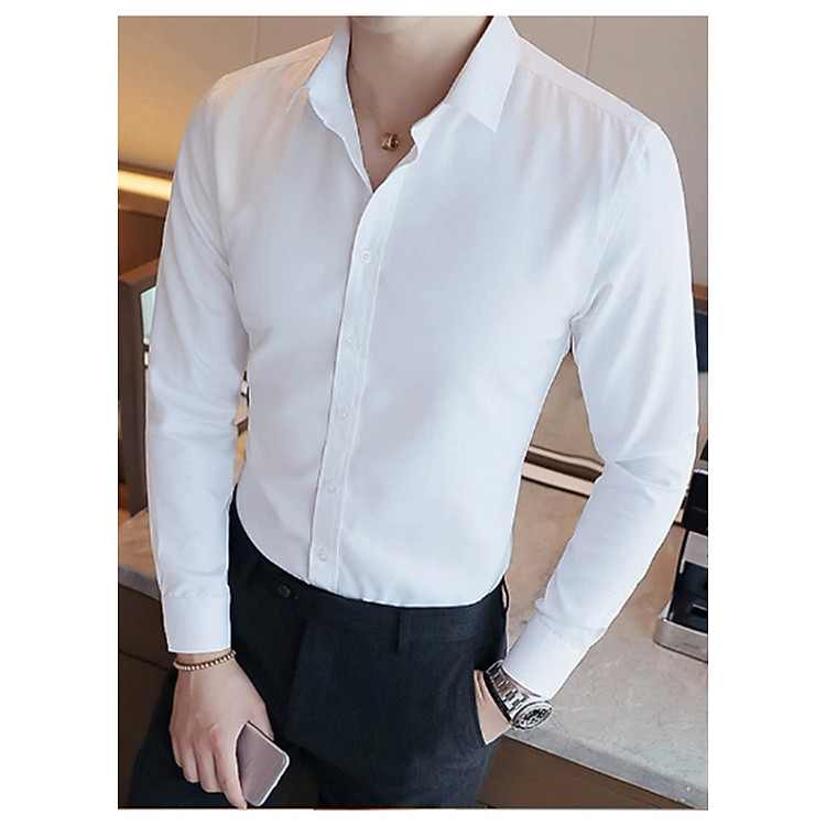 Áo sơ mi nam dài tay màu trắng không túi vải mềm mịn không nhăn