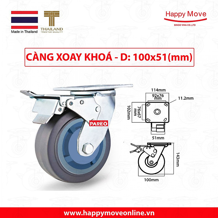 Bánh xe đẩy cao su xám tải nặng càng xoay khóa kép - 100-125mm - Happy Move Thái Lan