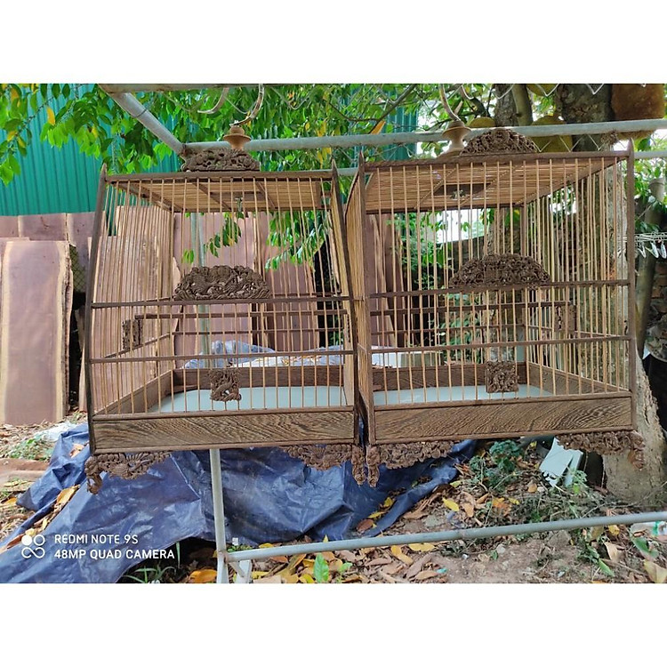 Khung lồng chim chào mào tự ráp gỗ mun đuôi công chân quỳ đục CNC đẹp chắc chắn