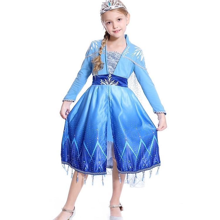 Váy Đầm Elsa Frozen 2 Màu Xanh Tay Dài Cho Bé Gái Kèm Tà Xẻ Liền | HM0674