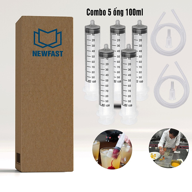 Combo 5 Ống xi lanh 100ml dụng cụ nhà bếp cho làm bánh, nấu ăn, trang trí các loại bánh, đồ ăn theo ý muốn, chất liệu nhựa PP trong suốt không độc, kèm ống nối dài 80cm. NEWFAST.