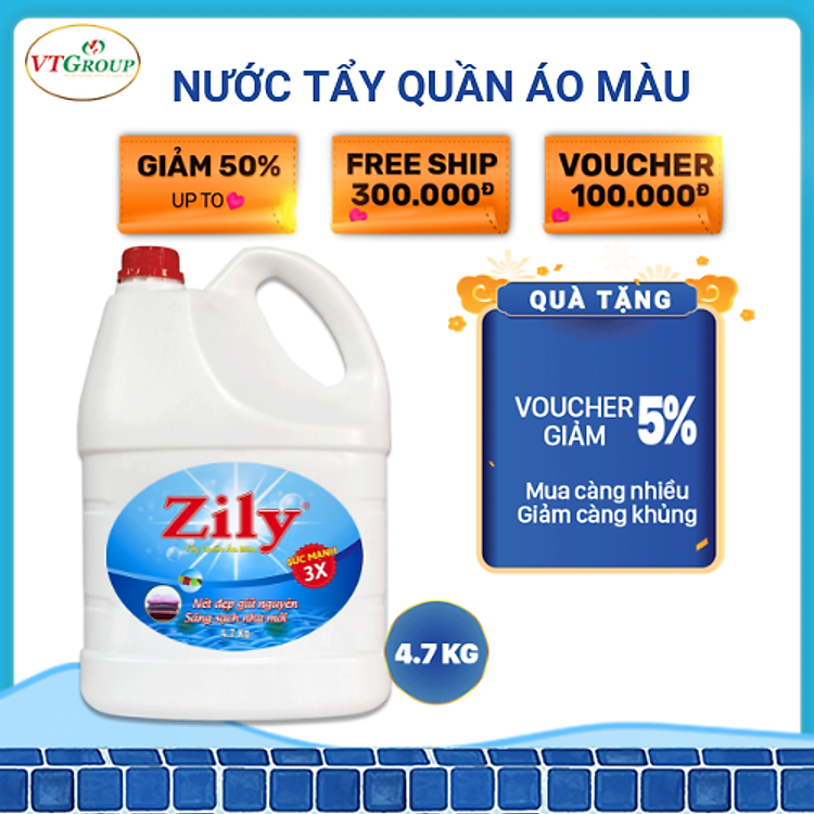 Nước Tẩy Quần Áo Màu Zily Chai 4.7Kg - Tặng 1 Chai Nước Rửa Chén Zily 750 gr