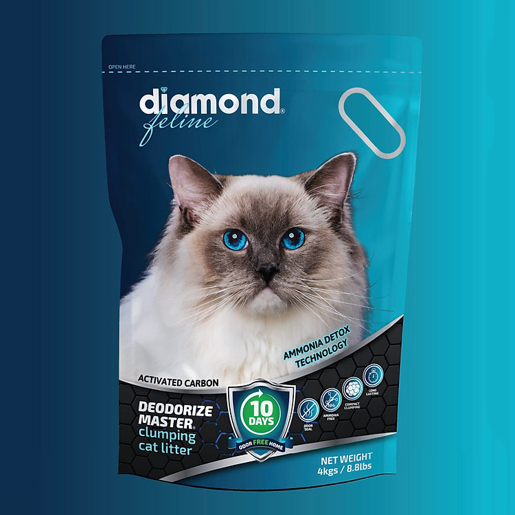 Cát Vệ Sinh Cho Mèo Công nghệ carbon siêu vón siêu khử mùi Diamond Feline túi xanh 4KG / 8.8lbs (HÀNG CÔNG TY CHÍNH HÃNG)