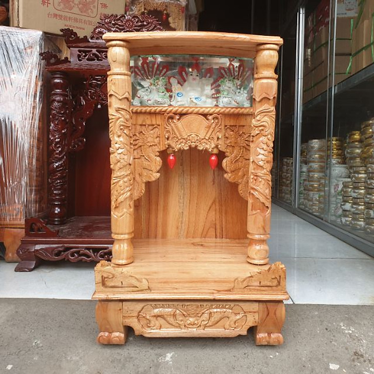 Bàn thờ thần tài ông địa gỗ xoan ngang 42 cm quỳ trụ điện tử