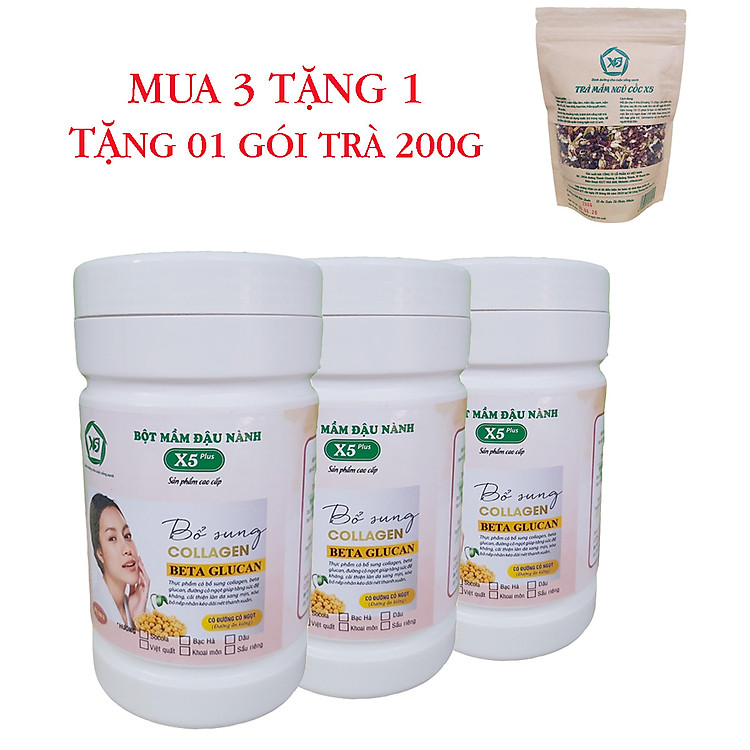 Combo 3 Hộp Bột Mầm Đậu Nành X5 Có Bổ Sung Collagen, Betaglucan (Tặng trà mầm ngũ cốc X5- 200gr)