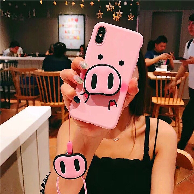 Ốp lưng hình mũi heo tặng kèm giá đỡ và dây đeo dành cho Iphone 6,6s,6 plus,6s plus,7,8,7plus,8 plus,X,XS,XR,XS Max