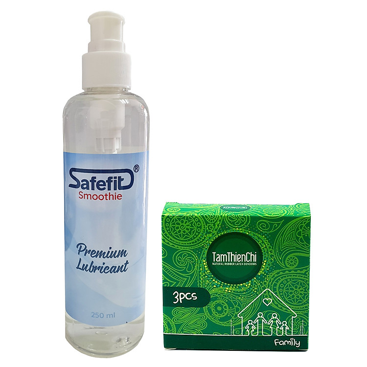 Gel bôi trơn gốc nước tiệt trùng Safefit chai 250ml tặng Bao cao su mỏng trơn gia đình Tâm Thiện Chí Family hộp 3 cái