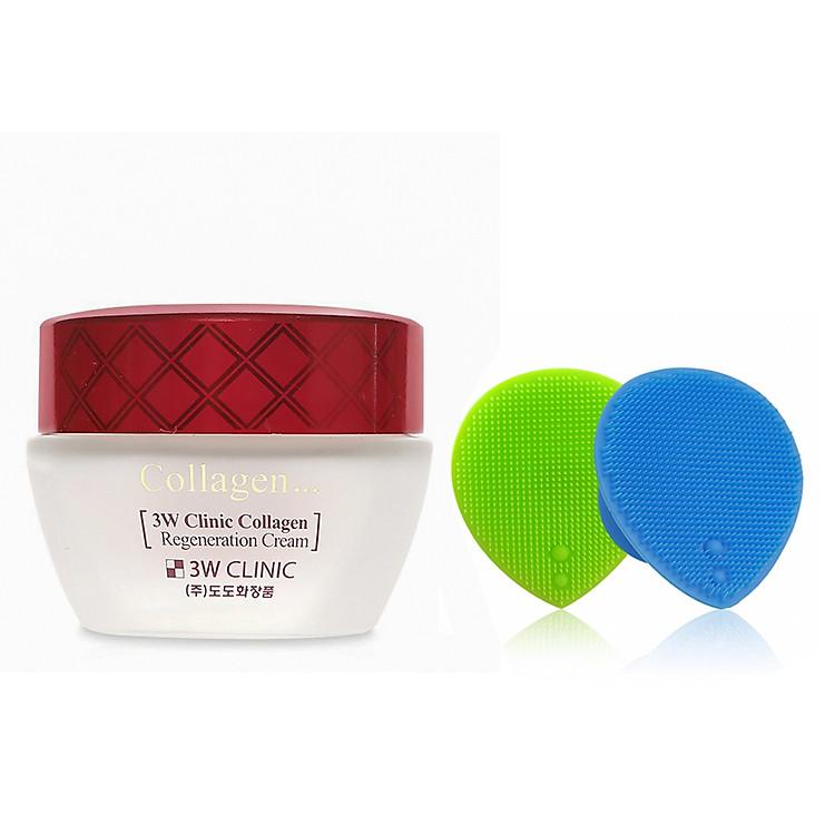 Kem Chống Lão Hóa Dưỡng Trắng Da Hàn Quốc Cao Cấp 3W Clinic Collagen Regeneration Cream (60ml)+ Tặng Dụng Cụ Rửa và Massage Mặt Silicon Mềm Dẻo Hàn Quốc Suri Facial Cleansing Fad – Hàng Chính Hãng