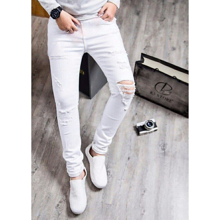 Quần Jean Nam Slimfit Trắng rách