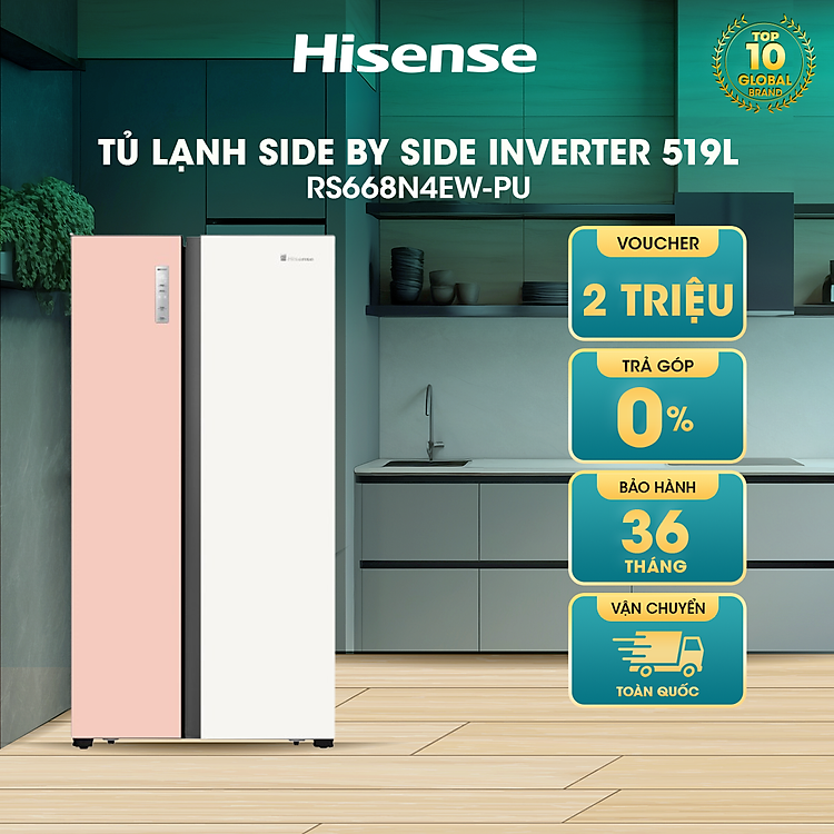 Tủ Lạnh Hisense Inverter Side By Side RS668N4EW-PU 519 Lít tiết kiệm điện, bảo hành 3 năm - HÀNG CHÍNH HÃNG