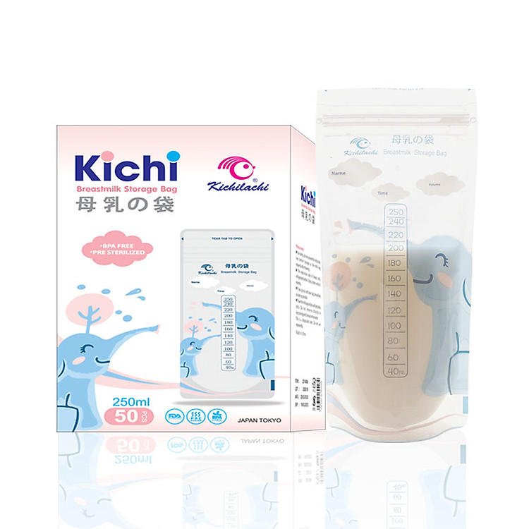 Hộp 50 túi trữ sữa mẹ Kichilachi 250ml An toàn không BPA, 2 khóa Ziper Chắc chắn, Hình con Voi