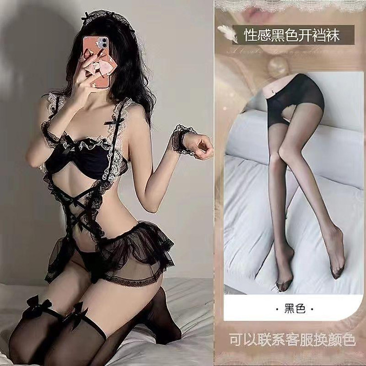Đồ lót sexy nữ hầu váy đồng phục ngực nhỏ lộ ra ngoài cám dỗ hở đáy quần váy ngủ thuần khiết bộ đồ đam mê
