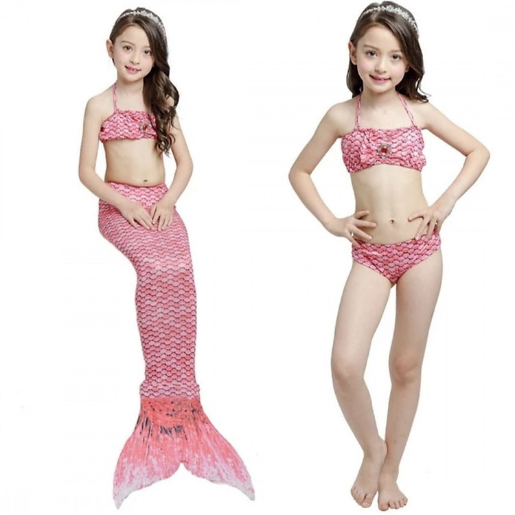 Đồ Bơi Bé Gái Bikini Tiên Cá Màu Hồng Kèm Chân Vịt Nhựa