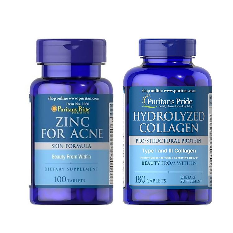 Comb thực phẩm chức năng bảo vệ sức khỏe ZinC for Acne và Hydrolyzed Collagen giúp trị mụn liền sẹo trắng da